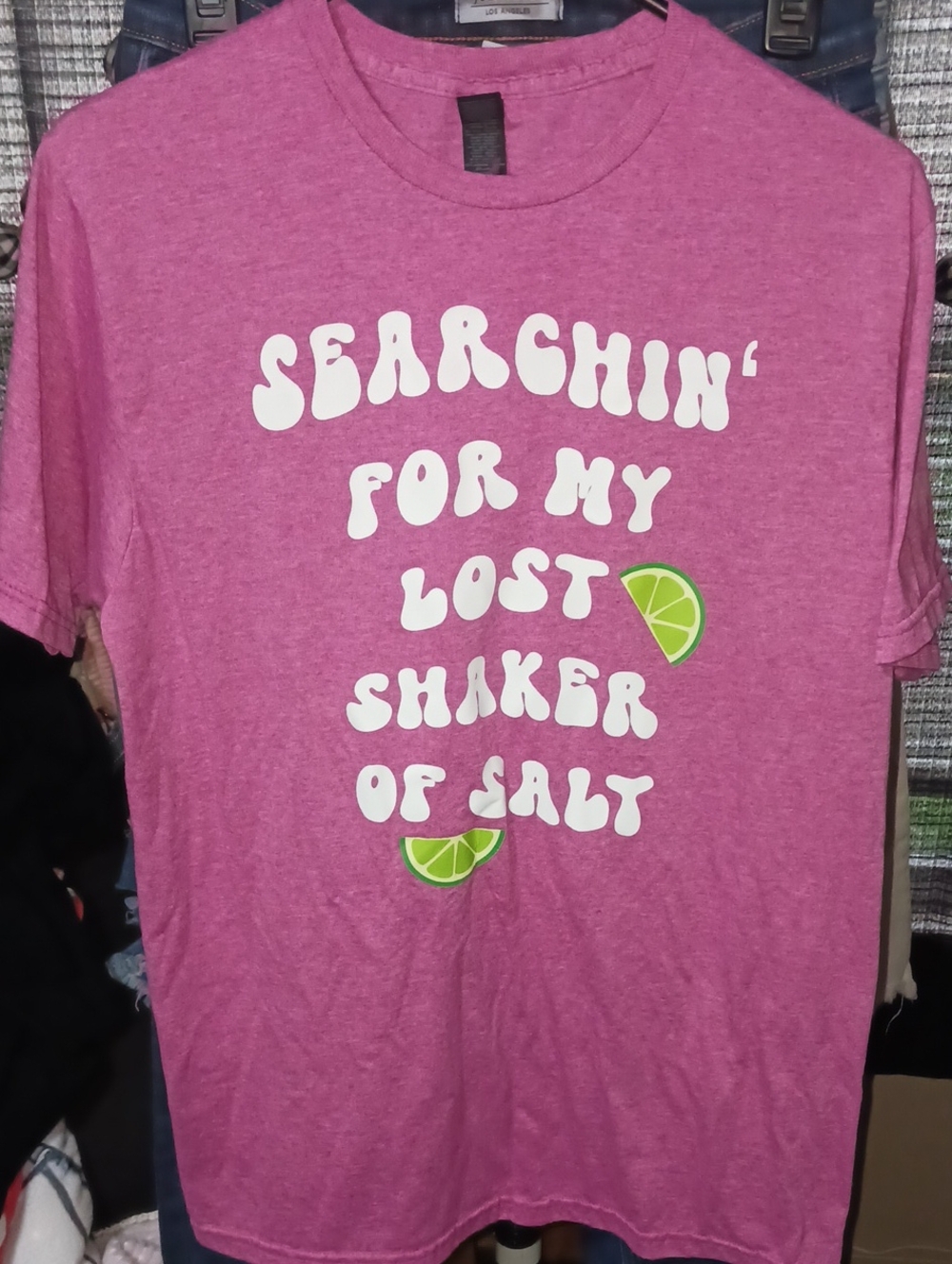 Gildan Hot Pink Tee with White Retro Text and Green Lime Graphics